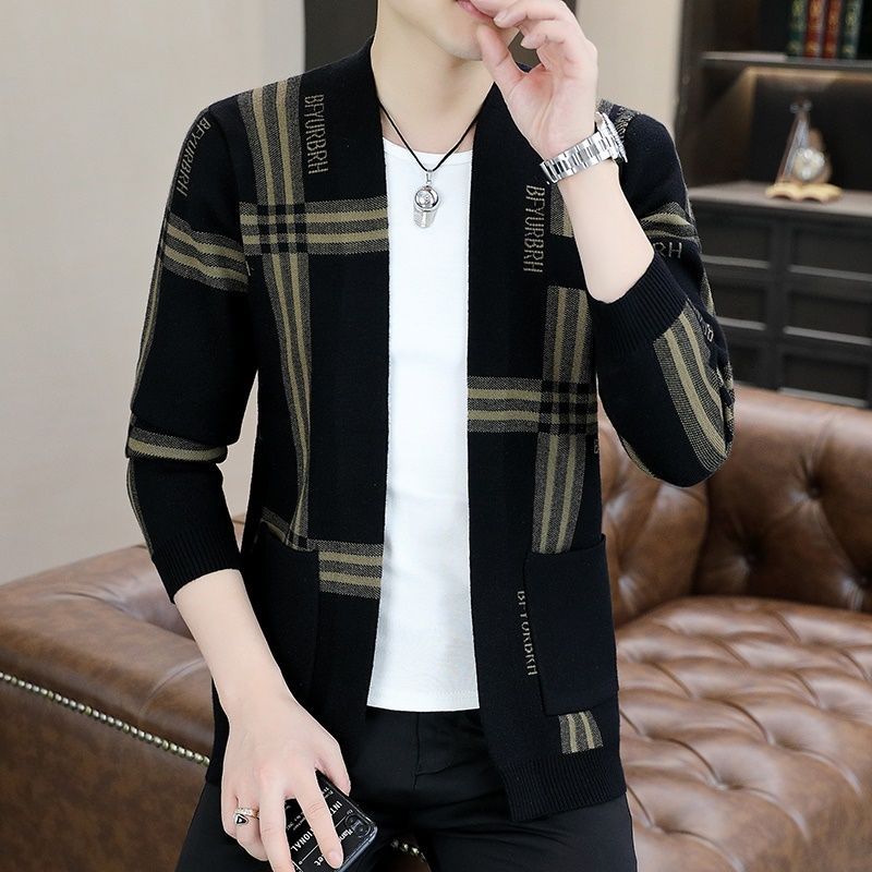 Autumn and winter sweater men's new men's coat cardigan knitted loose pocket plaid solid color thickened sweater youth