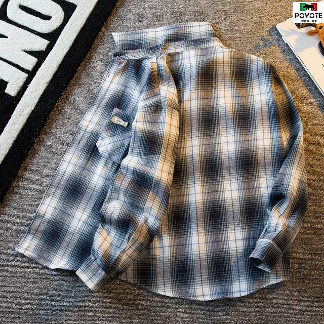 POVOTE spring and autumn high-quality plaid long-sleeved shirt men's ins trend retro ruffian handsome casual shirt jacket