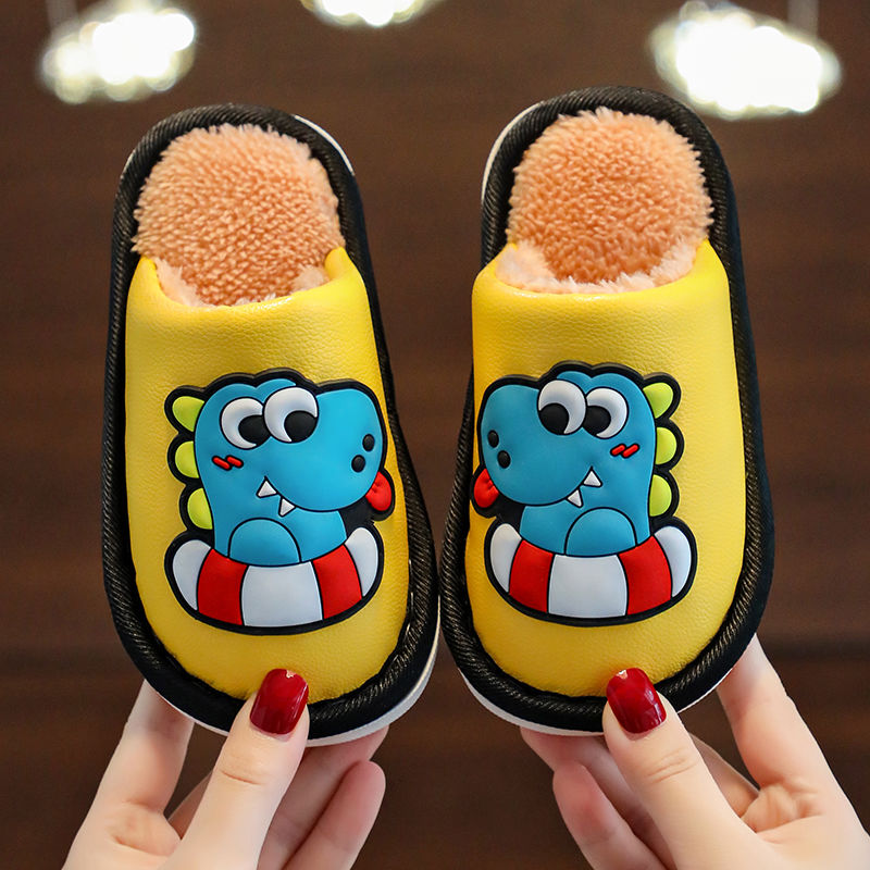 Children's cotton slippers waterproof male cartoon small, medium and large boys and girls indoor furry slippers autumn and winter plus velvet to keep warm