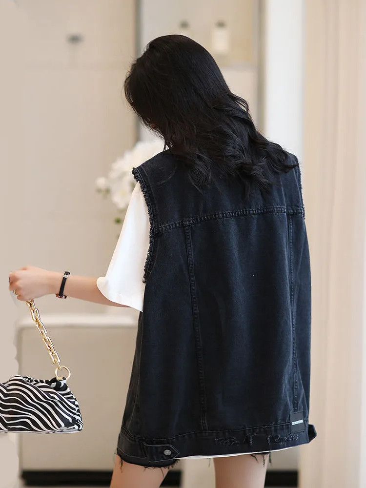 Denim vest jacket female spring and autumn 2023 new loose outerwear retro Hong Kong style mid-length sleeveless vest vest vest
