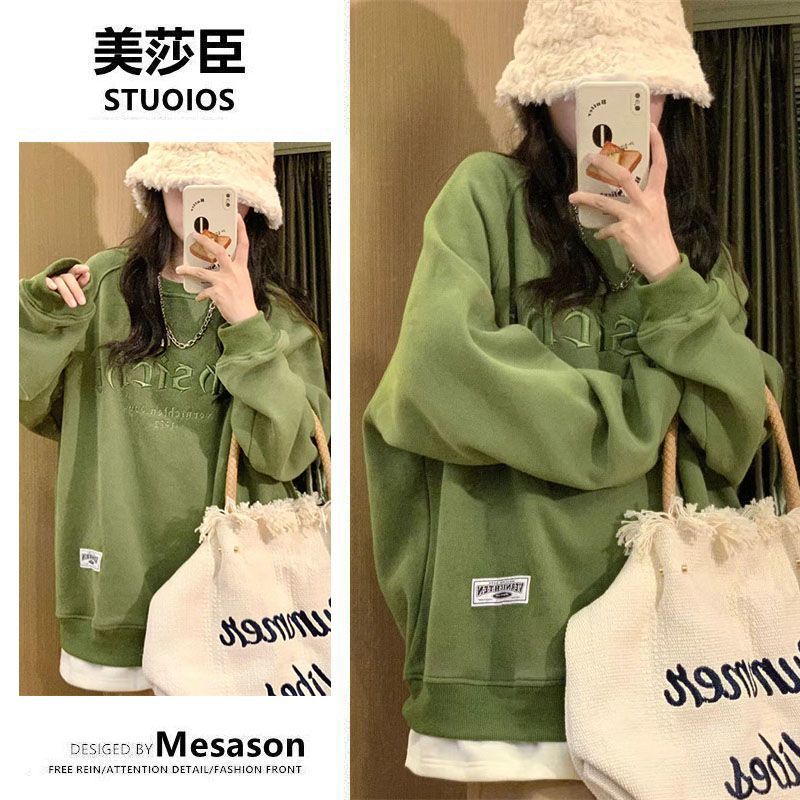 【薄款/加絨加厚】假兩件圓領衛衣女oversize寬鬆慵懶風上衣ins潮