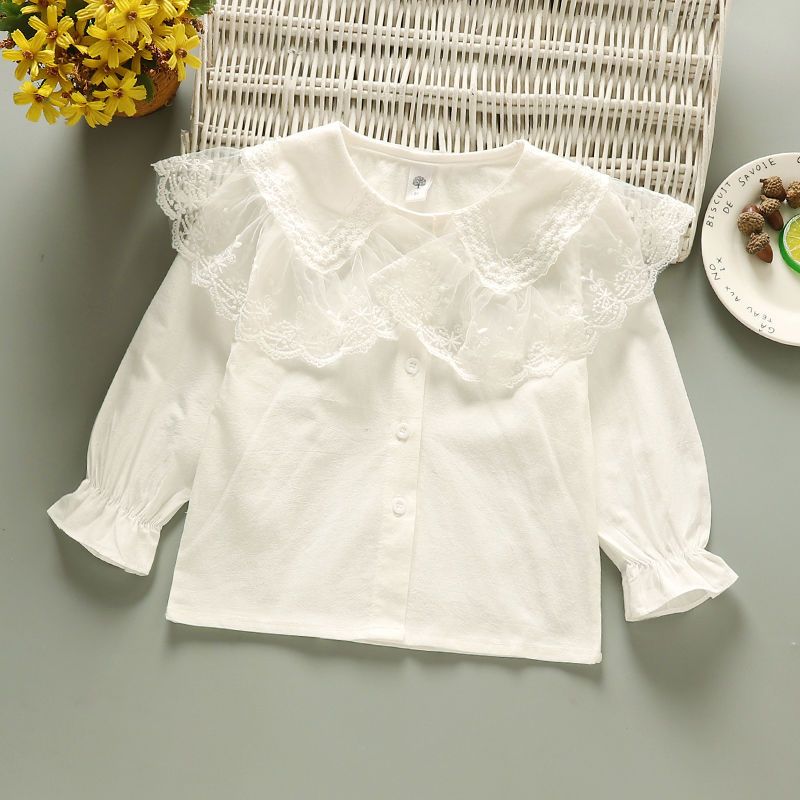 Girls children's clothing children's cotton shirt spring and autumn clothing girls long-sleeved shirt girl baby pure white doll collar top