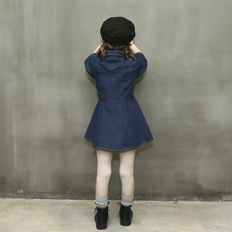 Autumn new children's clothing Korean style girl waist lapel long-sleeved denim dress children's trendy denim skirt