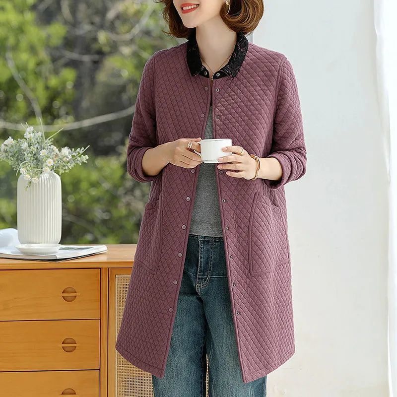 2022 spring and autumn new middle-aged mothers quilted jacket women's middle-aged and elderly large-size loose casual mid-length thin windbreaker