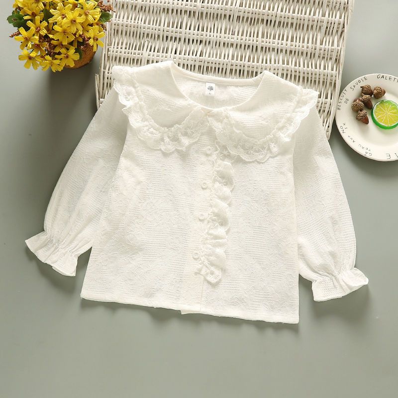 Girls children's clothing children's cotton shirt spring and autumn clothing girls long-sleeved shirt girl baby pure white doll collar top