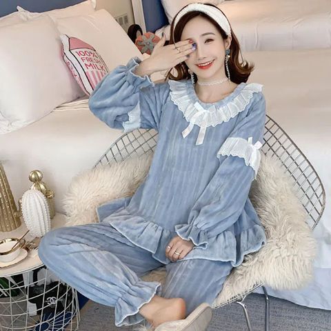 Coral velvet winter new pajamas female students can wear outside autumn and winter plus velvet thick flannel home service suit