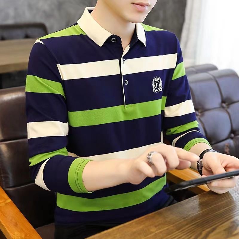 Long-sleeved t-shirt men's autumn lapel striped middle-aged men's bottoming shirt Korean version leading dad autumn Polo shirt 1/2
