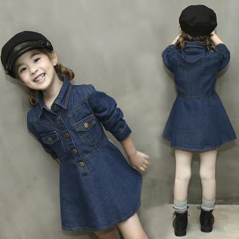 Autumn new children's clothing Korean style girl waist lapel long-sleeved denim dress children's trendy denim skirt