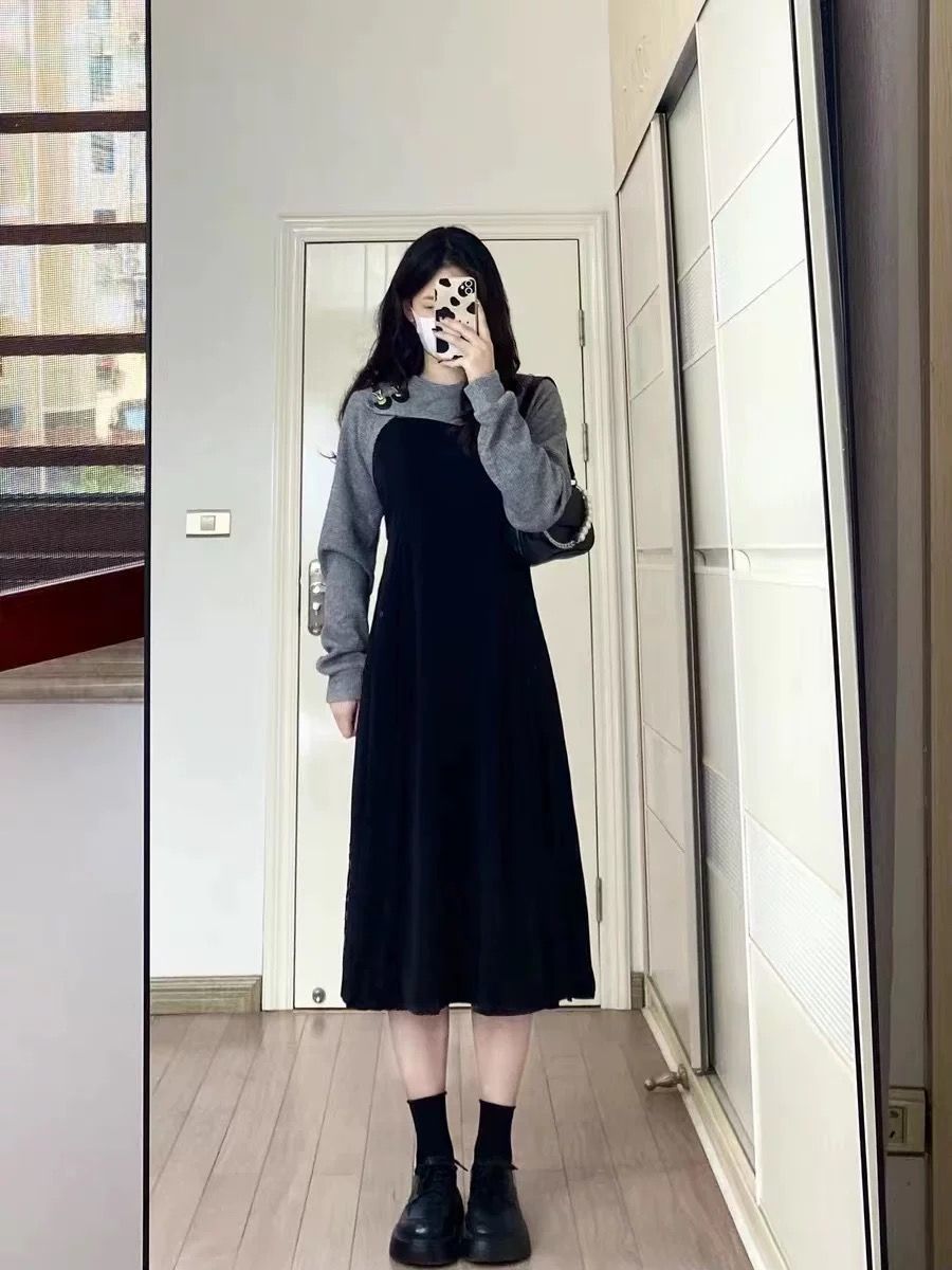 Early autumn new outerwear gray blouse women + black dress casual waist suspender skirt two-piece suit trendy