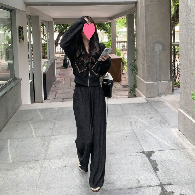 A complete set of casual sweaters for autumn, women's spring and autumn, salt series, Yujie net red, high-end wide-leg pants, two-piece suit