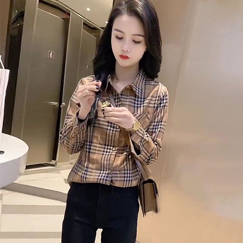 格子襯衫女長袖春秋季新款復古輕奢打底衫小衫時尚POLO領襯衣上衣