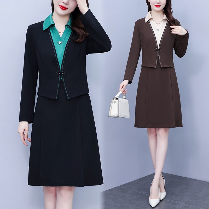 Skirt suit fake two-piece set large size thin dress latest autumn skirt elegant belly cover mother dress splicing skirt
