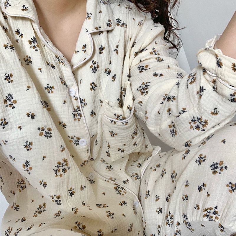 Girl floral long-sleeved pajamas female spring and autumn net red style  new thin section bubble wrinkled trousers home service suit
