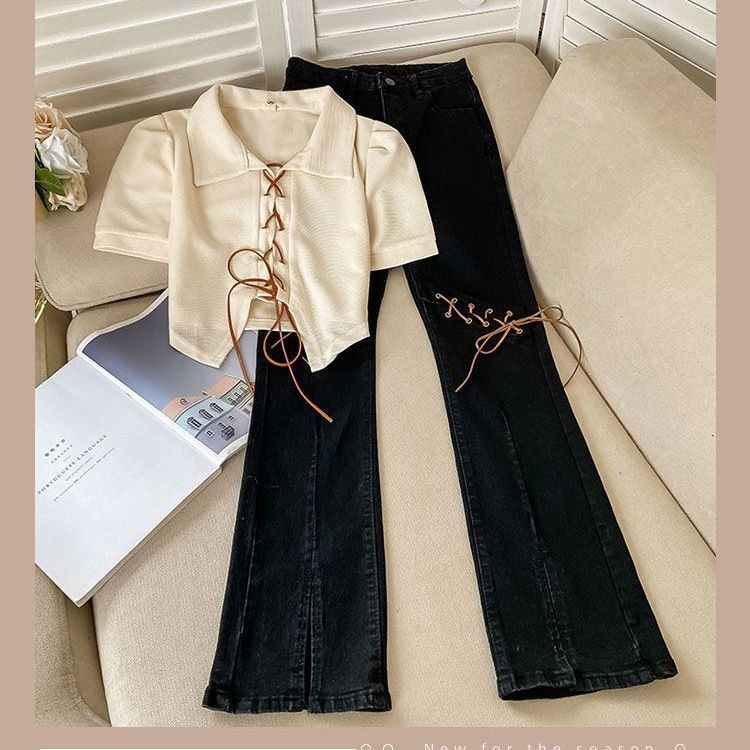 喇叭褲套裝女梨形胖mm洋氣寬鬆T恤辣妹裝學生黨網紅秋季女裝ins風