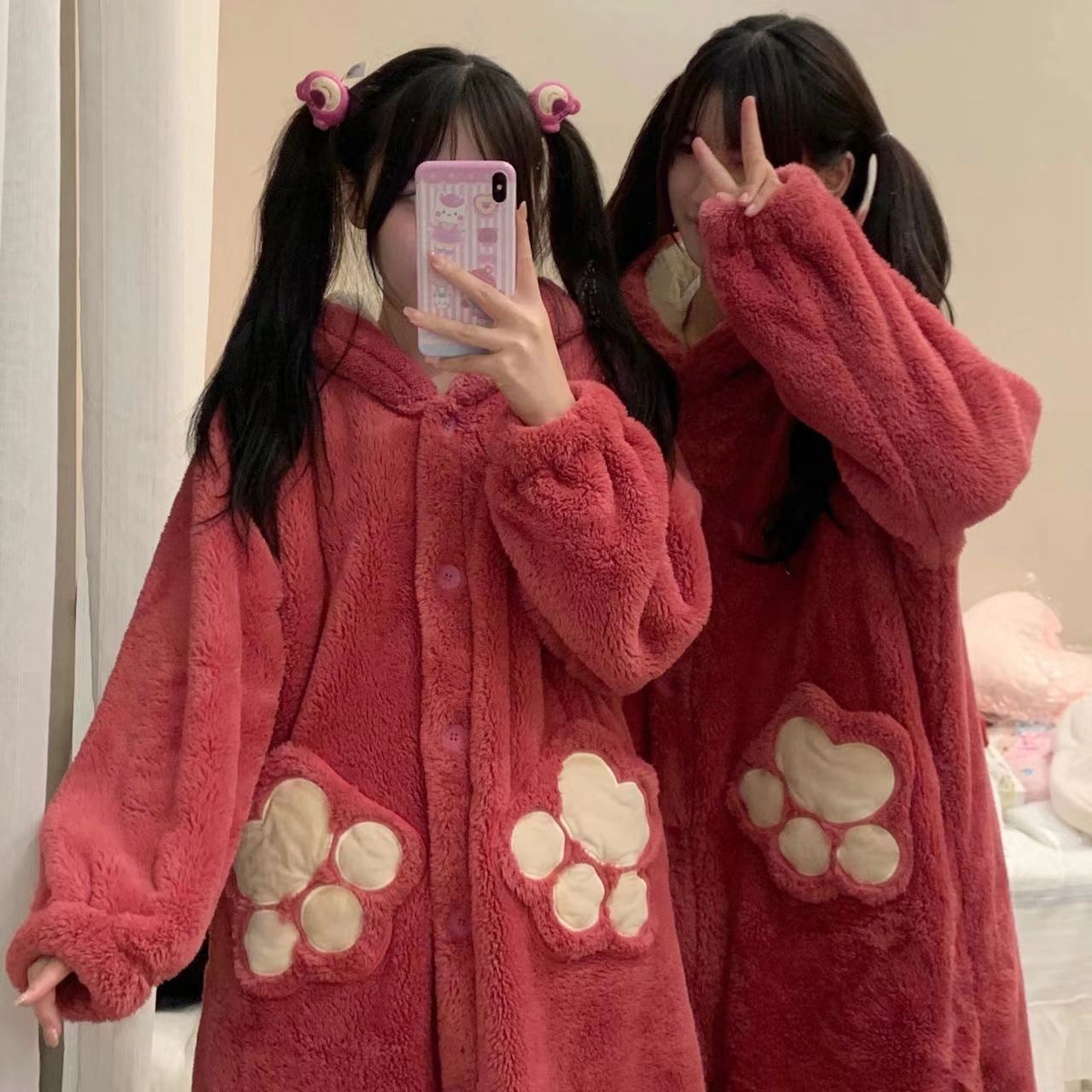 Strawberry bear coral fleece cartoon pajamas women's autumn and winter flannel nightgown mid-length can be worn outside ins home service