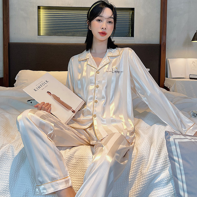 秋季睡衣女長款冰絲薄款絲綢甜美高檔韓版女春秋兩件套家居服夏天