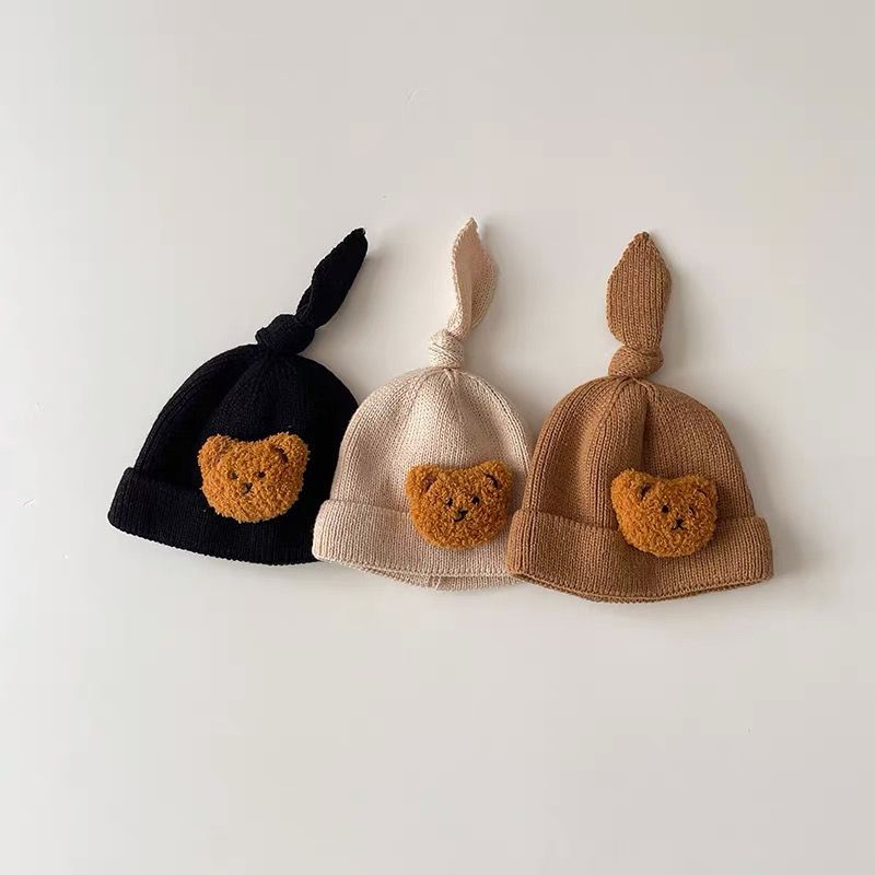 ins韩国婴儿毛线帽冬天网红小熊可爱0-2岁男宝宝保暖针织套头帽潮