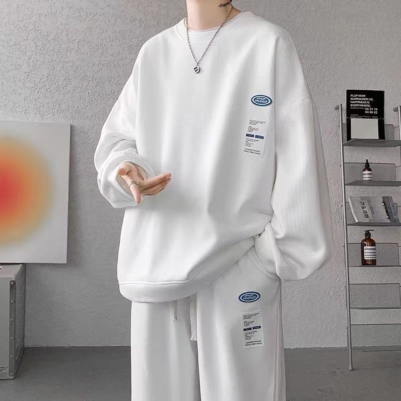 Waffle sports suit men's autumn high street ins trendy brand oversize loose round neck sweatshirt straight pants
