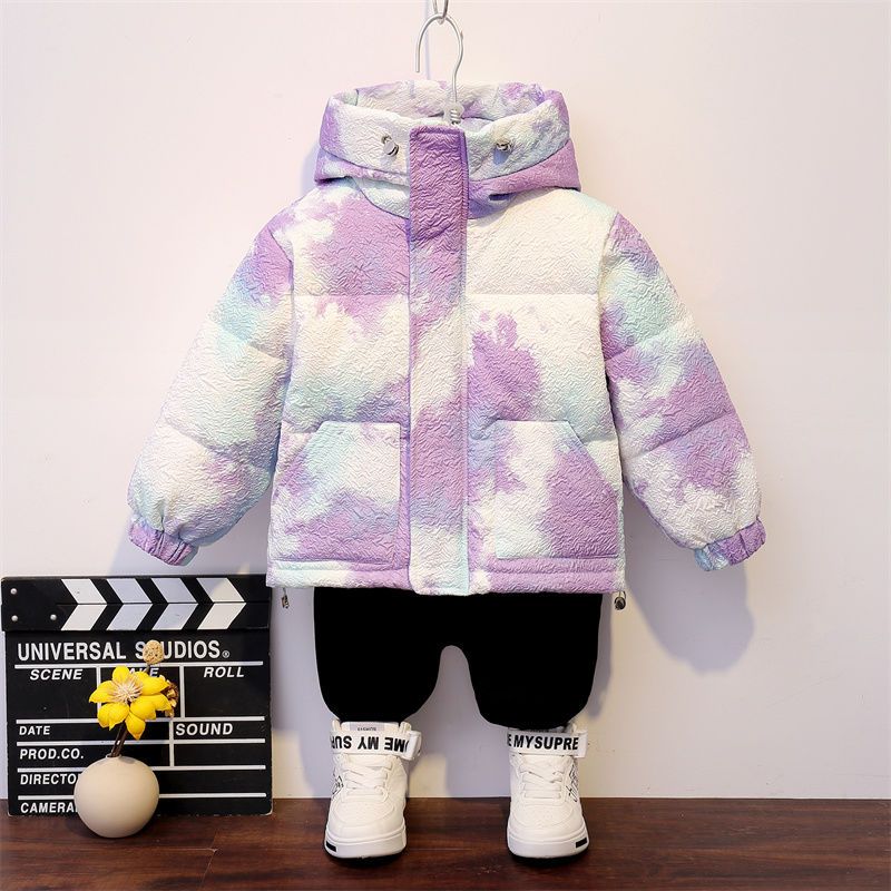 2022 new children's down jacket short section boys and girls baby winter clothing children's Korean version hooded tie-dye jacket
