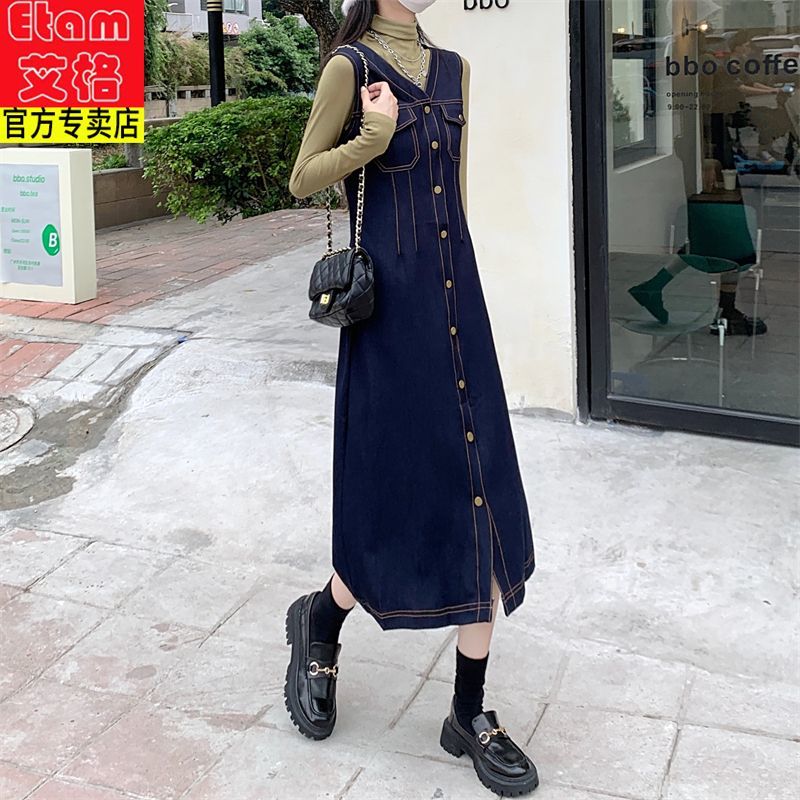 ETAM艾格減齡氣質中長款牛仔連衣裙女秋冬大碼胖mm收腹顯瘦背帶裙