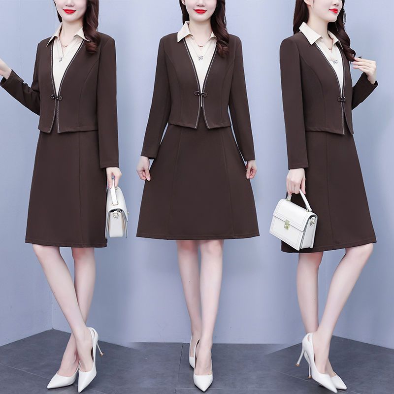 Skirt suit fake two-piece set large size thin dress latest autumn skirt elegant belly cover mother dress splicing skirt