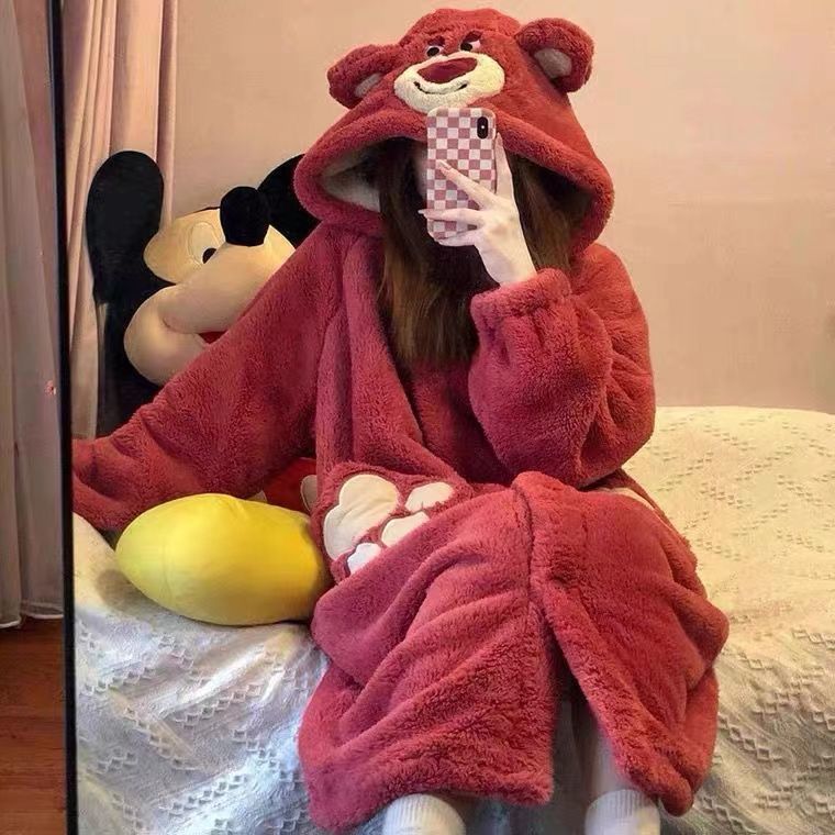 Strawberry bear coral fleece cartoon pajamas women's autumn and winter flannel nightgown mid-length can be worn outside ins home service