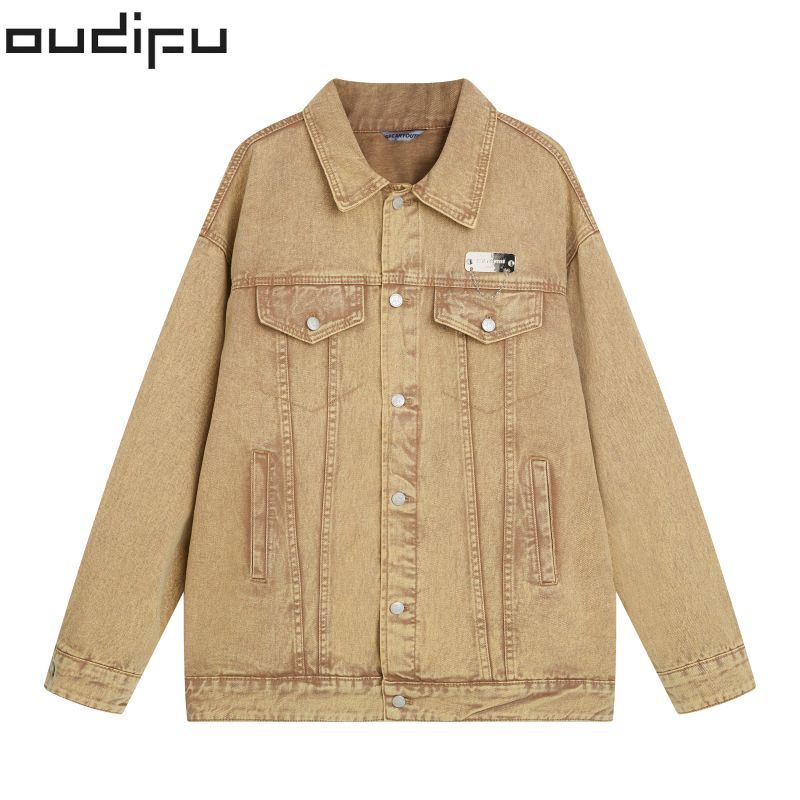OUDIFU原创最新款咖色水洗刺绣牛仔外套男女宽松情侣夹克上衣新品