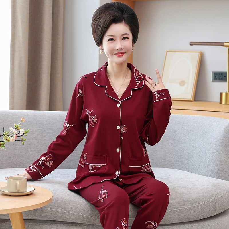 Middle-aged mother pure cotton pajamas women's spring and autumn long-sleeved middle-aged and elderly large size cardigan suit can be worn as home clothes