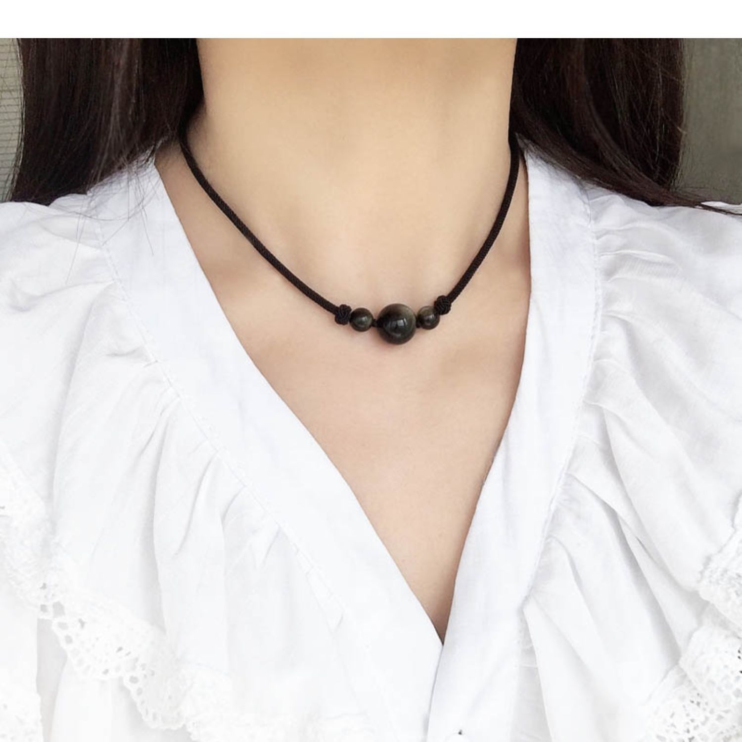 黑珠项链女黑绳可抽拉ins学生轻奢小众设计感年新款情侣饰品