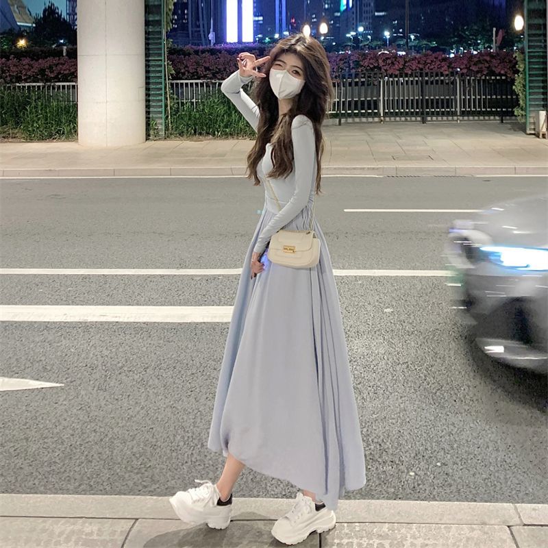 Chic square collar collarbone long-sleeved dress women's autumn 2022 new splicing temperament mid-length slim A-line skirt