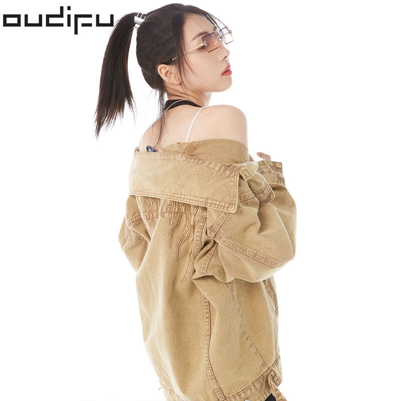 OUDIFU原创最新款咖色水洗刺绣牛仔外套男女宽松情侣夹克上衣新品