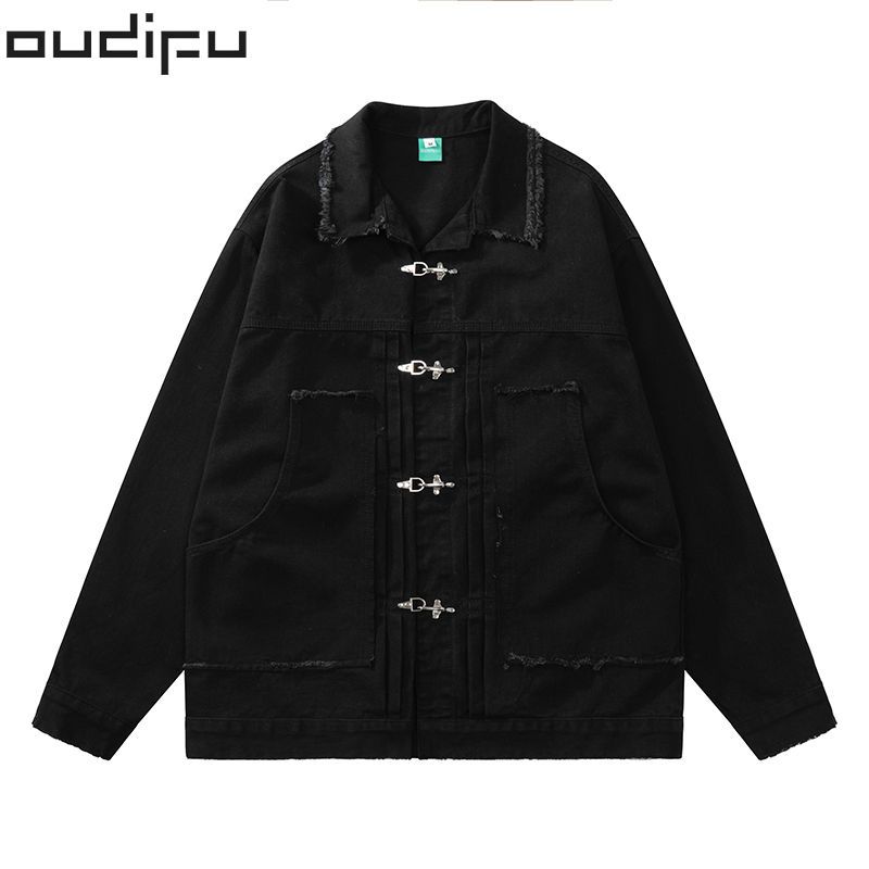 OUDIFU original design sense polo collar jacket men and women loose casual retro couple metal buckle cardigan tide