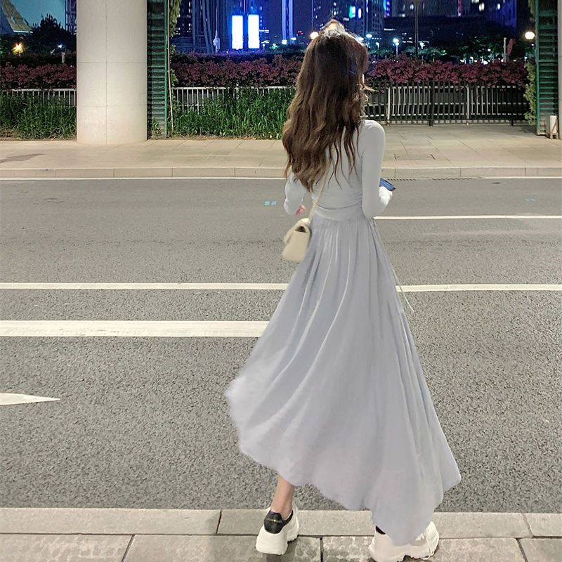 Chic square collar collarbone long-sleeved dress women's autumn 2022 new splicing temperament mid-length slim A-line skirt