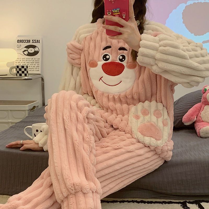 法蘭絨睡衣女秋冬加厚女士睡衣可愛卡通韓版學生可外穿家居服套裝