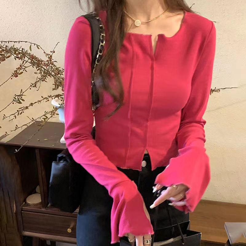 純欲辣辣軟糯針織打底衫女春秋冬季長袖別致修身顯瘦內搭短款上衣
