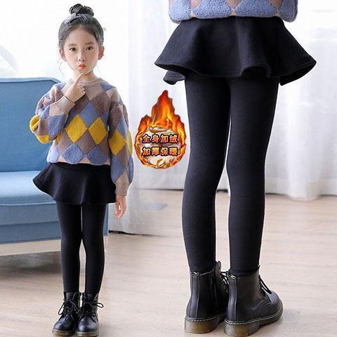Autumn and winter new Korean version of girls' pleated skirt children plus velvet thickened to keep warm girls fake two pieces lady leggings