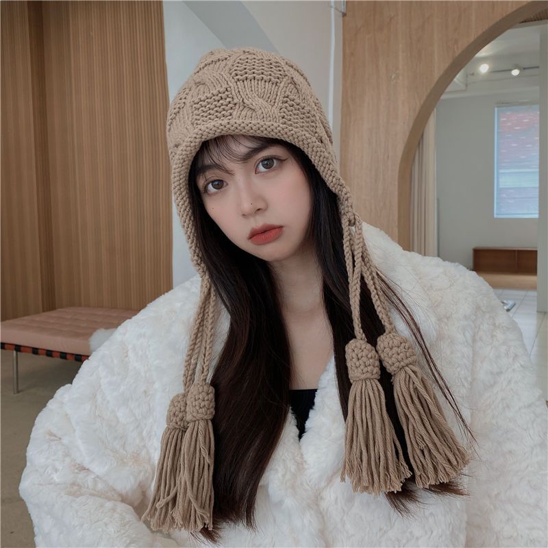 Student red hat female autumn and winter warm wool tassel pullover cap hand-knitted ear protection Japanese style thick tide