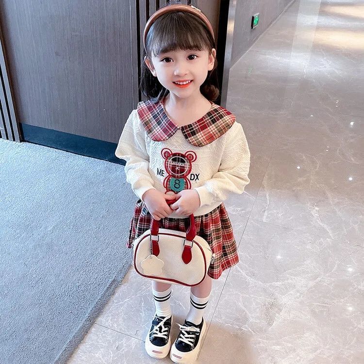 女童棉長袖格子連衣裙春秋新款洋氣超仙假兩件公主裙學院風裙子