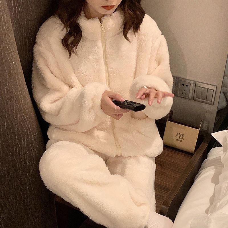 高領睡衣女秋冬季珊瑚絨加厚長毛絨開衫拉鏈防寒保暖家居服套裝女