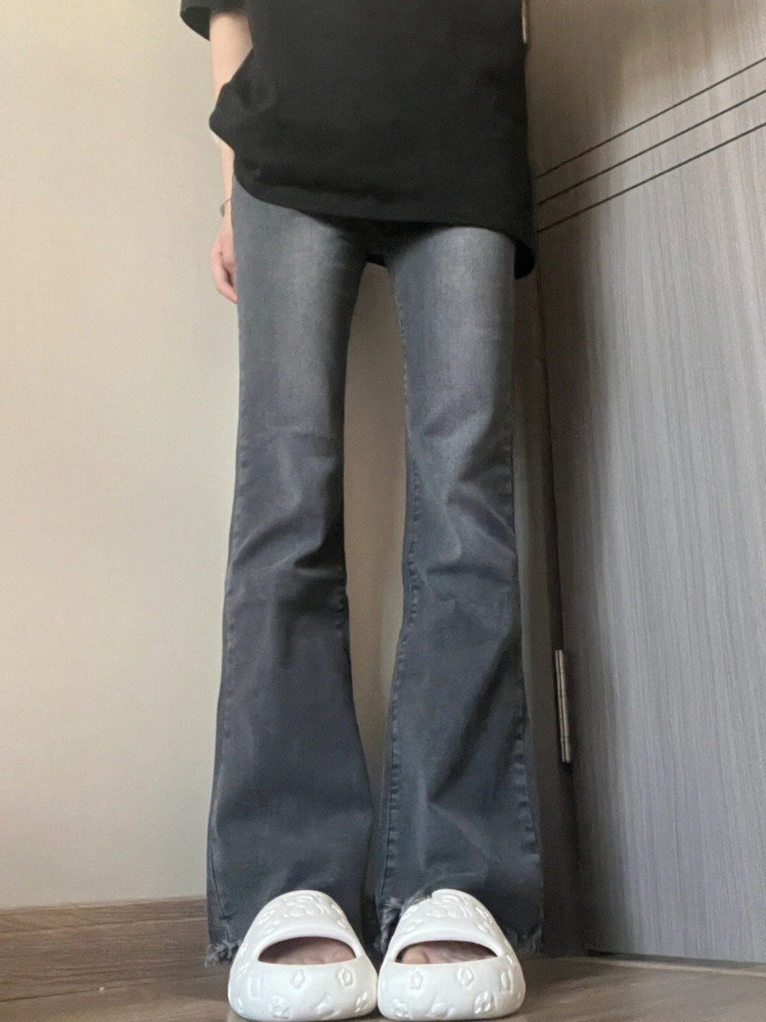 復古設計感毛邊牛仔褲女春季新款高腰顯瘦拖地褲寬鬆直筒微喇褲