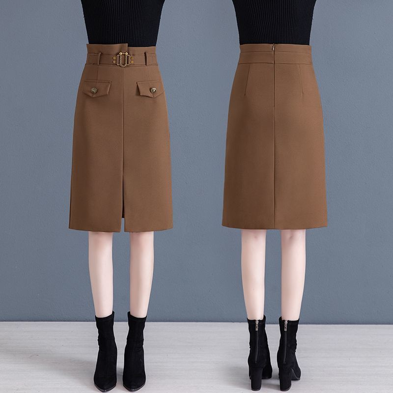 Skirt women's autumn and winter new high waist British loose all-match slimming drape slit one step hip skirt