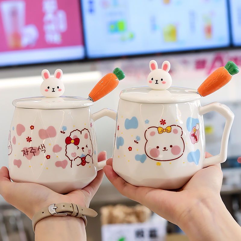 可爱兔子陶瓷杯带盖勺学生喝水杯大容量耐高温小孩早餐牛奶咖啡杯