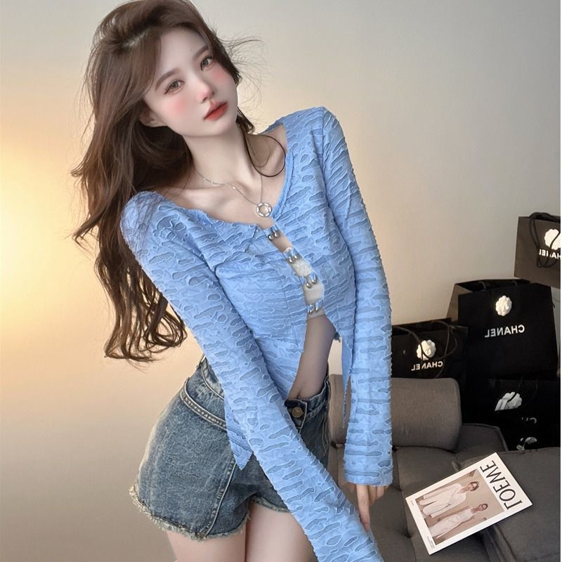 Sexy Spice Girls Irregular Hollow Shirt Women's Wear Early Autumn New Slim Design Niche Long-sleeved Top