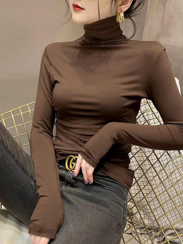 Turtleneck bottoming shirt for women with velvet  spring, autumn and winter inner pile collar long-sleeved T-shirt new trendy black top