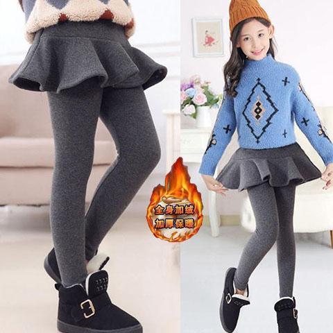 Autumn and winter new Korean version of girls' pleated skirt children plus velvet thickened to keep warm girls fake two pieces lady leggings