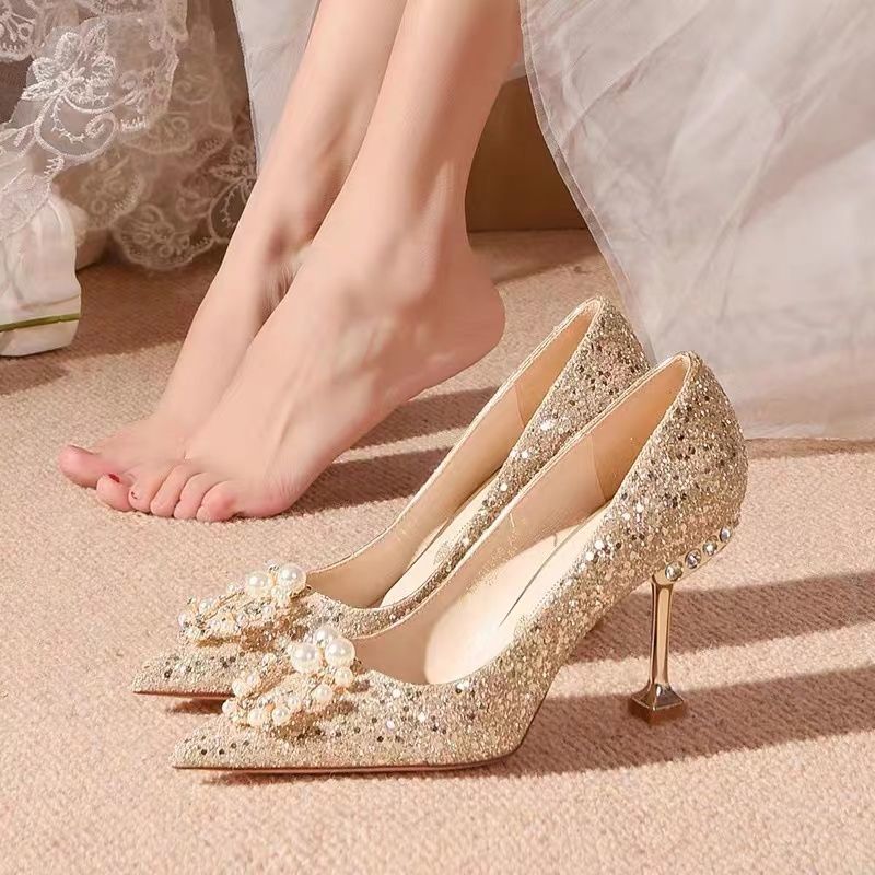 主婚鞋秀禾婚紗兩穿2022年新款結婚新娘鞋子水晶法式高跟鞋女細跟