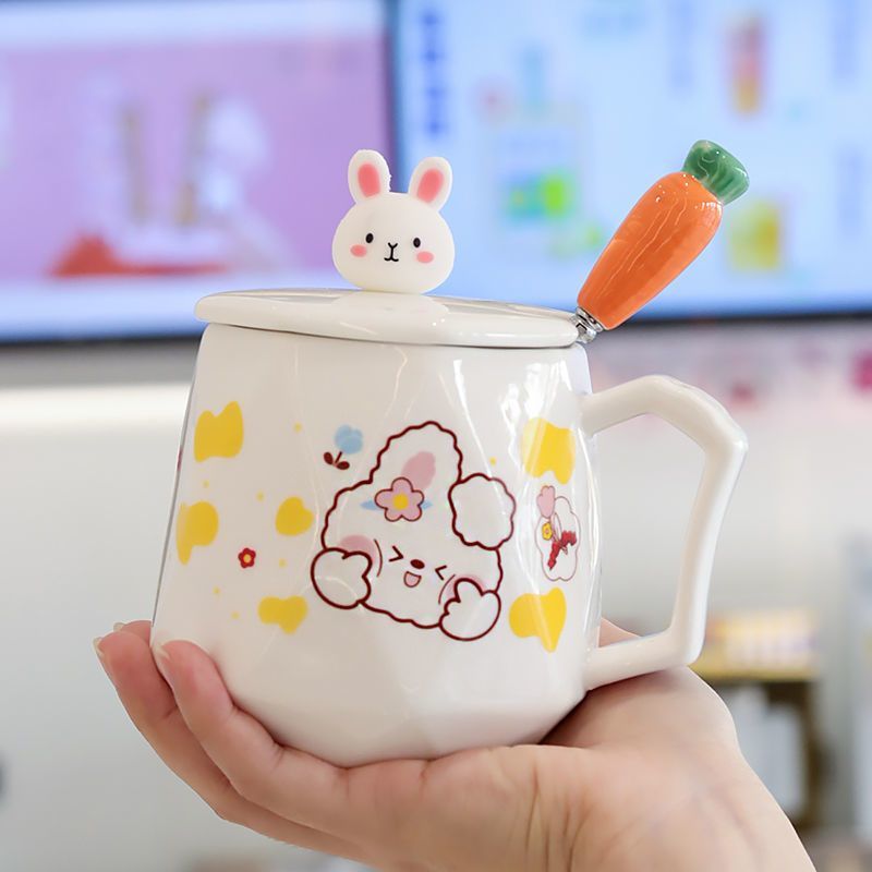 可爱兔子陶瓷杯带盖勺学生喝水杯大容量耐高温小孩早餐牛奶咖啡杯