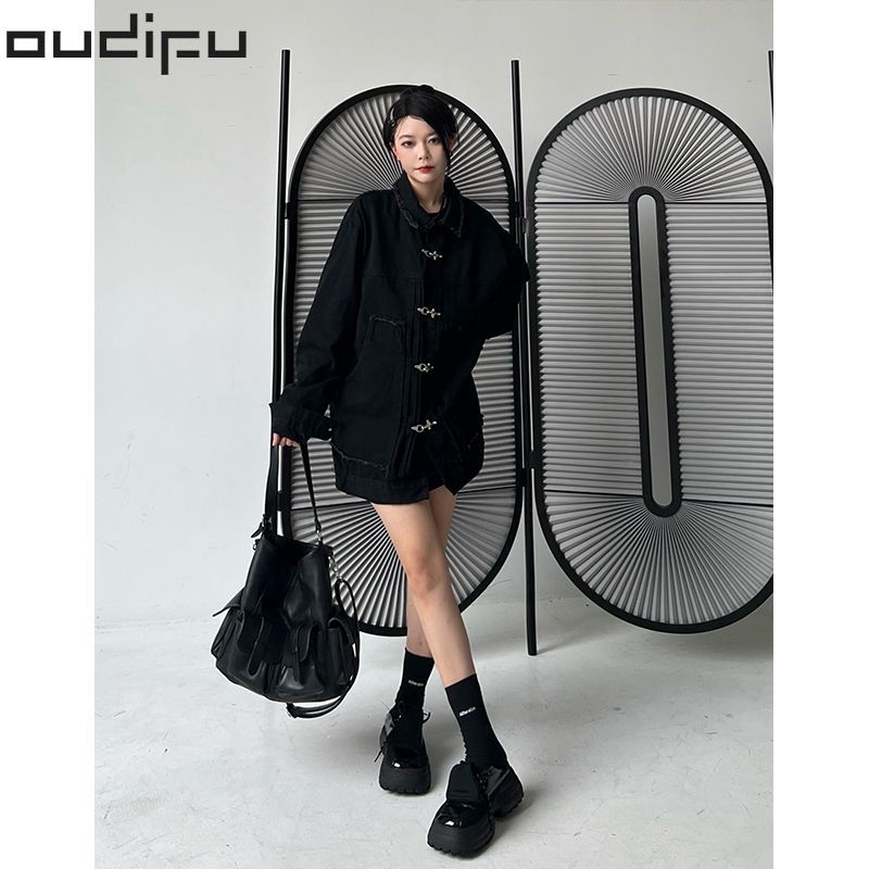 OUDIFU original design sense polo collar jacket men and women loose casual retro couple metal buckle cardigan tide
