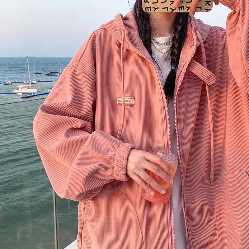 燈芯絨外套女chic復古港味春秋季設計感小眾韓系連帽炸街粉色上衣