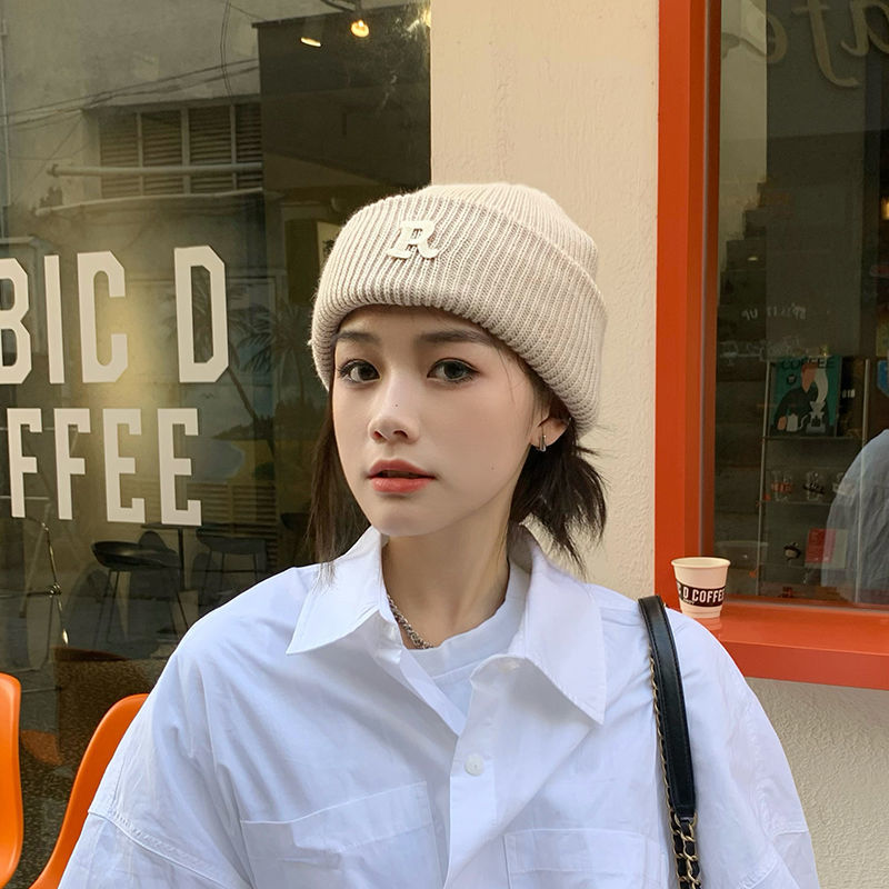 西本/韩版ins字母贴标针织帽男女秋冬学生保暖毛线帽子女时尚冷帽